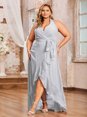 Robes Asymétriques à Licou en Mousseline à Col en V Profond Argent Grande Taille