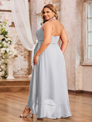 Robes Asymétriques à Licou en Mousseline à Col en V Profond Argent Grande Taille