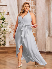 Robes Asymétriques à Licou en Mousseline à Col en V Profond Argent Grande Taille