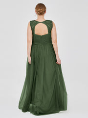CROISÉ-Plissée Tulle Robes Longues Avec Bretelles Perlées Olive Verte