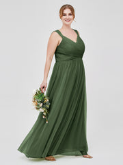 CROISÉ-Plissée Tulle Robes Longues Avec Bretelles Perlées Olive Verte Grande Taille