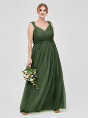CROISÉ-Plissée Tulle Robes Longues Avec Bretelles Perlées Olive Verte Grande Taille
