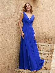 Col En V Mousseline Robes De Demoiselle d'Honneur Bleu Royale Grande Taille