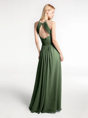 Robe Licou en Mousseline à Encolure en Trou de Serrure avec Poches Olive Verte Grande Taille