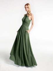 Robe Licou en Mousseline à Encolure en Trou de Serrure avec Poches Olive Verte Grande Taille