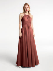 Robe Licou en Mousseline à Encolure en Trou de Serrure avec Poches terracotta Grande Taille