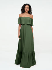 Jupe Etagée en Mousseline Robes Longues à Epaules Dénudées Olive Verte Grande Taille