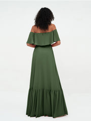Jupe Etagée en Mousseline Robes Longues à Epaules Dénudées Olive Verte Grande Taille