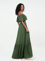Jupe Etagée en Mousseline Robes Longues à Epaules Dénudées Olive Verte Grande Taille
