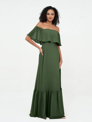 Jupe Etagée en Mousseline Robes Longues à Epaules Dénudées Olive Verte Grande Taille