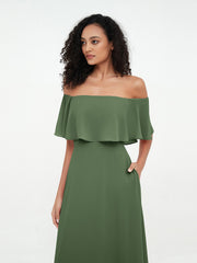 Jupe Etagée en Mousseline Robes Longues à Epaules Dénudées Olive Verte Grande Taille