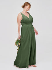 Col En V Mousseline Robe De Demoiselle d'Honneur Avec Dos Nu Olive Verte Grande Taille