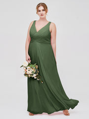 Col En V Mousseline Robe De Demoiselle d'Honneur Avec Dos Nu Olive Verte Grande Taille
