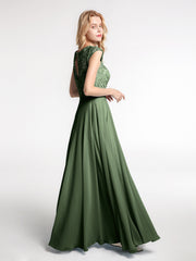 Robe Longue en Mousseline Et Dentelle à Col Cache-Cœur Illusion Olive Verte Grande Taille