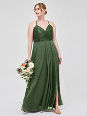Dentelle Corsage Mousseline Jupe Robes Avec Fente Olive Verte