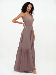 Robes Boho en Mousseline à Col en V Profond avec Jupe à Plusieurs Niveaux Dusk