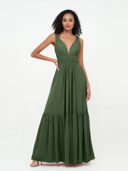 Robes Boho en Mousseline à Col en V Profond avec Jupe à Plusieurs Niveaux Olive Verte Grande Taille