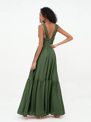 Robes Boho en Mousseline à Col en V Profond avec Jupe à Plusieurs Niveaux Olive Verte Grande Taille