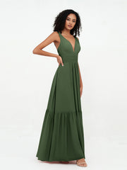 Robes Boho en Mousseline à Col en V Profond avec Jupe à Plusieurs Niveaux Olive Verte Grande Taille