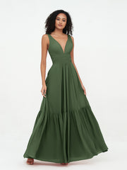Robes Boho en Mousseline à Col en V Profond avec Jupe à Plusieurs Niveaux Olive Verte Grande Taille