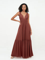 Robes Boho en Mousseline à Col en V Profond avec Jupe à Plusieurs Niveaux terracotta