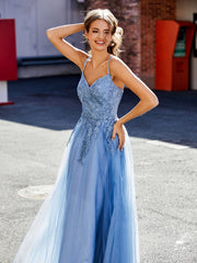 Robe en Tulle Appliquée à Bretelles Spaghetti et Col en V Bleu Poudré