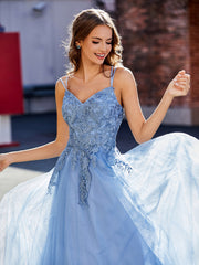 Robe en Tulle Appliquée à Bretelles Spaghetti et Col en V Bleu Poudré Grande Taille