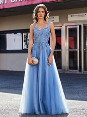 Robe en Tulle Appliquée à Bretelles Spaghetti et Col en V Bleu Poudré Grande Taille