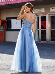 Robe en Tulle Appliquée à Bretelles Spaghetti et Col en V Bleu Poudré Grande Taille