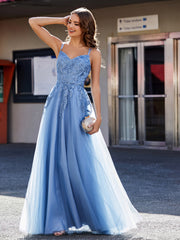 Robe en Tulle Appliquée à Bretelles Spaghetti et Col en V Bleu Poudré Grande Taille