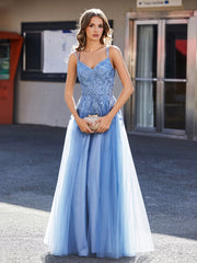Robe en Tulle Appliquée à Bretelles Spaghetti et Col en V Bleu Poudré Grande Taille