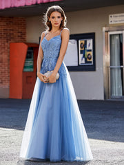 Robe en Tulle Appliquée à Bretelles Spaghetti et Col en V Bleu Poudré Grande Taille