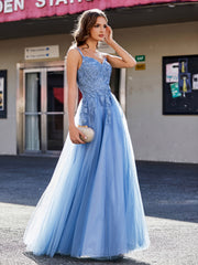 Robe en Tulle Appliquée à Bretelles Spaghetti et Col en V Bleu Poudré