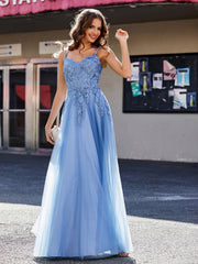 Robe en Tulle Appliquée à Bretelles Spaghetti et Col en V Bleu Poudré