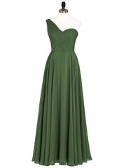Une Epaule Mousseline Longue Robe Demoiselle d'honneur Olive Verte