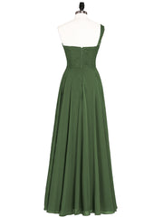 Une Epaule Mousseline Longue Robe Demoiselle d'honneur Olive Verte