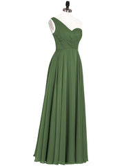 Une Epaule Mousseline Longue Robe Demoiselle d'honneur Olive Verte