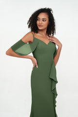 Robes en Colonne à Bbretelles Spaghetti avec Fente Olive Verte Grande Taille