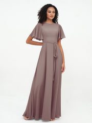 Robes Longues en Mousseline à Manches Flottantes avec Nœud à Ceinture Dusk