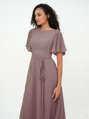 Robes Longues en Mousseline à Manches Flottantes avec Nœud à Ceinture Dusk