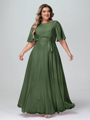 Robes Longues en Mousseline à Manches Flottantes avec Nœud à Ceinture Olive Verte Grande Taille
