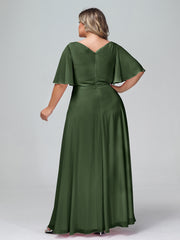 Robes Longues en Mousseline à Manches Flottantes avec Nœud à Ceinture Olive Verte Grande Taille