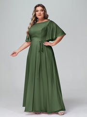 Robes Longues en Mousseline à Manches Flottantes avec Nœud à Ceinture Olive Verte Grande Taille