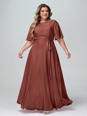Robes Longues en Mousseline à Manches Flottantes avec Nœud à Ceinture terracotta Grande Taille