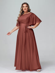 Robes Longues en Mousseline à Manches Flottantes avec Nœud à Ceinture terracotta Grande Taille