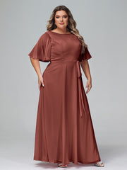 Robes Longues en Mousseline à Manches Flottantes avec Nœud à Ceinture terracotta Grande Taille