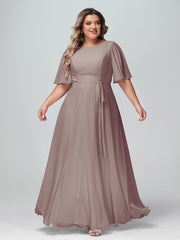 Robes Longues en Mousseline à Manches Flottantes avec Nœud à Ceinture Dusk Grande Taille