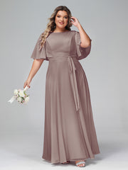 Robes Longues en Mousseline à Manches Flottantes avec Nœud à Ceinture Dusk Grande Taille