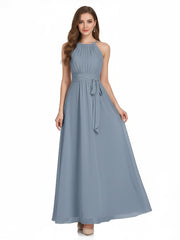 Licou Mousseline Robe Demoiselle d'honneures avec Ceinture Nœud Bleu Poudré Grande Taille