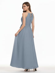 Licou Mousseline Robe Demoiselle d'honneures avec Ceinture Nœud Bleu Poudré Grande Taille